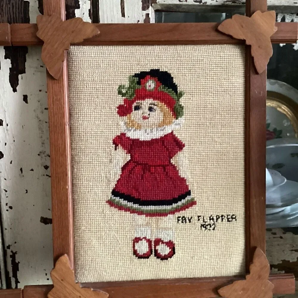 Vintage Needlepoint Sailor Boy Brockner and Girl Fay Flapper Custom Oak Frames